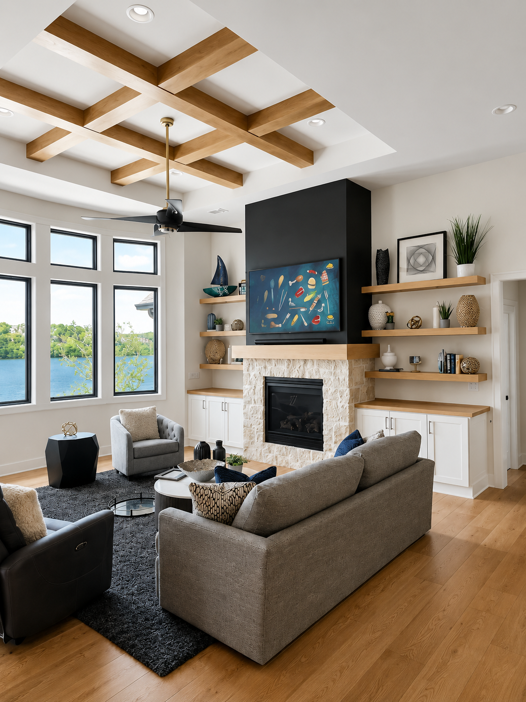 Lakefront living room with custom built-ins, floating shelves, mantel, and ceiling beams